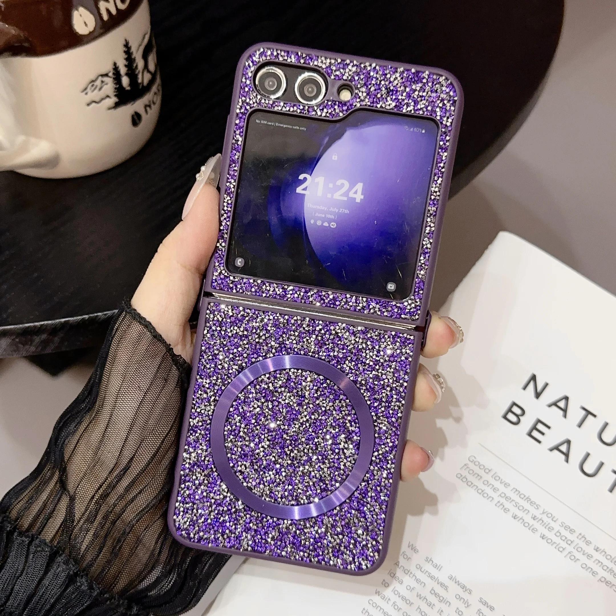 

Magnetic Sparkling Diamond TPU Soft Edge Phone Case for Samsung Galaxy Z Flip 7 6 5 4 3 Flip7 Flip6 Skin Feel Protective Cover Galaxy Z Flip6