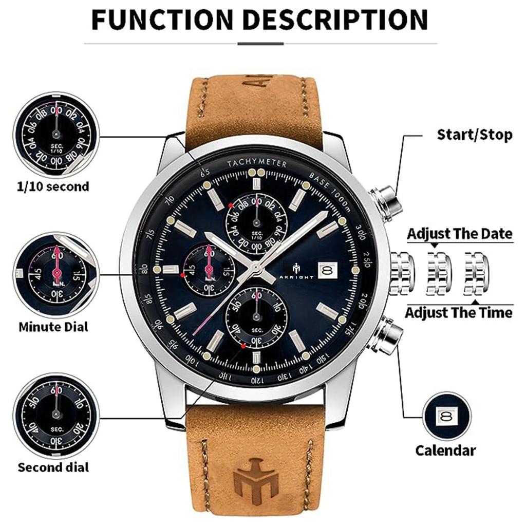AKNIGHT Watch Genuine Leather Crystal Luminous Date Japanese Instruction Manual Men's - Stylish, Popular, Quartz, Strap, Chronograph, Display,