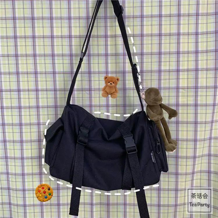Harajuku Canvas Messenger Bag Solid Color Women Crossbody Bags Large Capacity Shoulder Bag Multiple Pocket Bolsos Sac