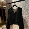 La Chapelle Women's V-Neck Lace Splicing Lantern Sleeve Blouse