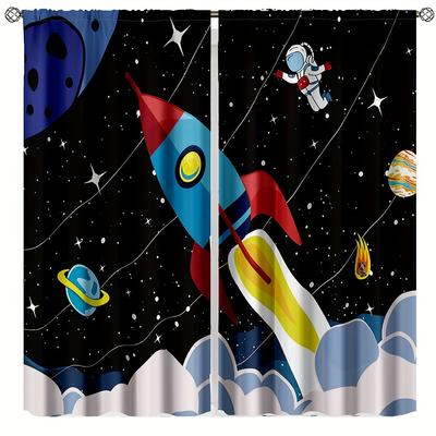 2 Stück Galaxy Raketen Vorhänge Cartoon Astronaut Planet SternenhaftJungen Mädchen Stangentasche Schlafzimmer Fenstervorhänge.