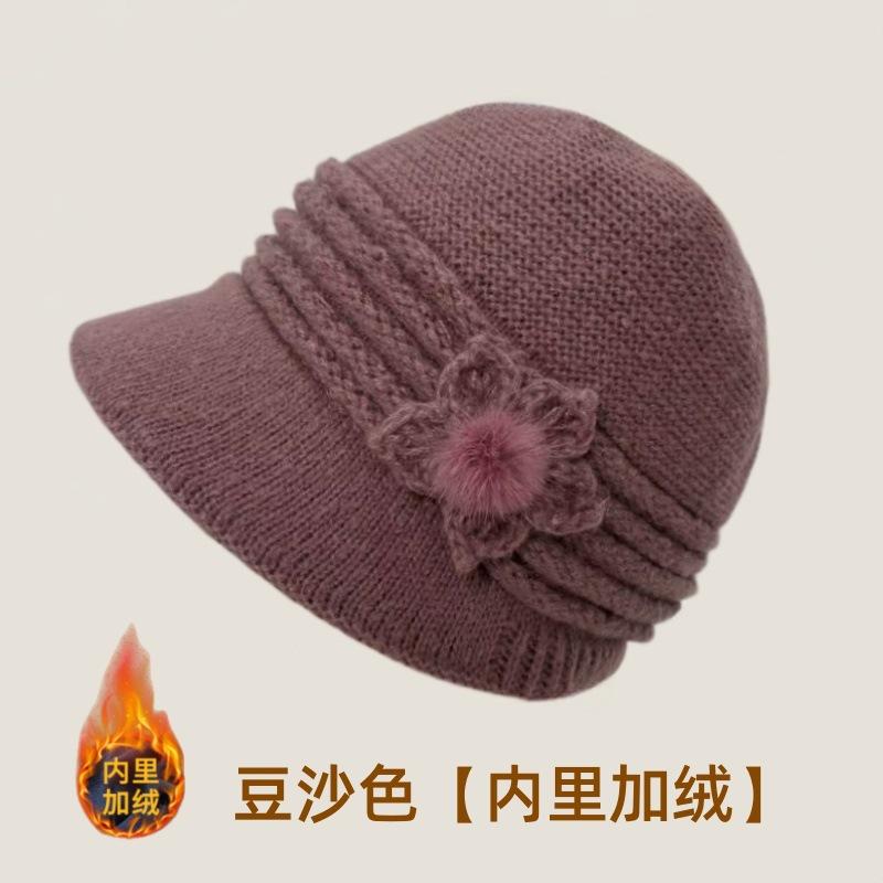 Middle-aged and Elderly Hats, Women's Winter Warm Mother Wool Hats, Fashionable Versatile Ear Protectors, Basin Hats, Fleece and Cold-proof Knitted Ha