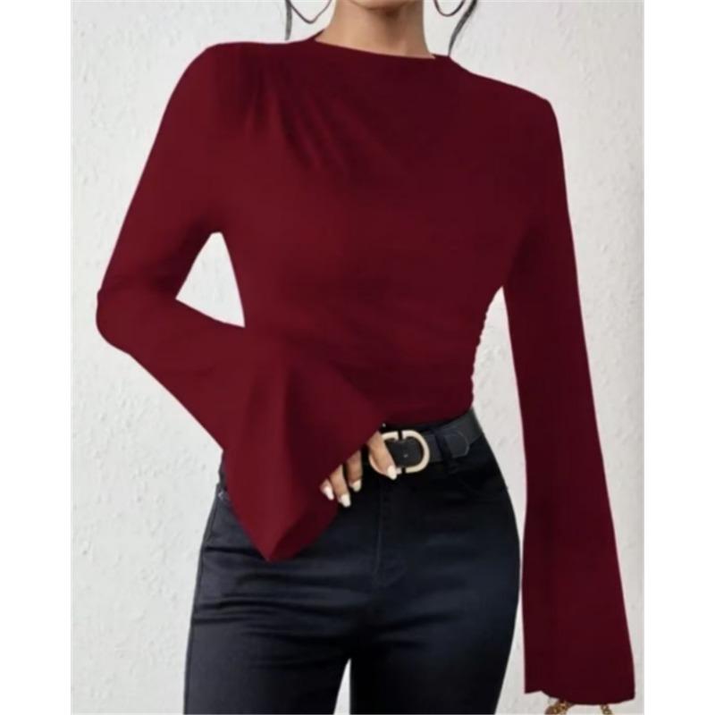 New Autumn Winter Versatile Pleated European American Bell Sleeve Tees Stand Collar Slim Tops Fit Women s T-Shirt S