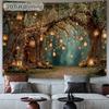 2D Enchanted Tree Lantern Tapestry Magical Forest Arch with Glowing Lights Wall Decor