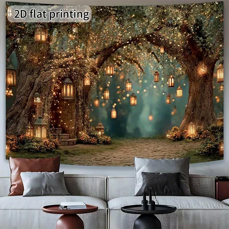 

2D Enchanted Tree Lantern Tapestry Magical Forest Arch with Glowing Lights Wall Decor 47.2x31.5inch/120*80cm