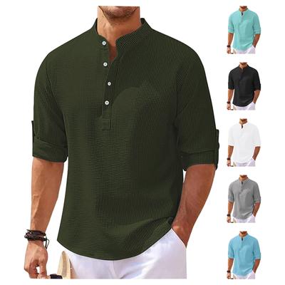Men'S Fashion Stand Up Collar Solid Color Shirt Casual Long Sleeved Top