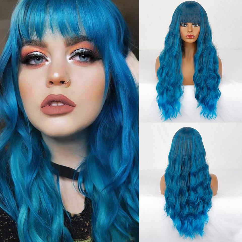 XINRAN Women Long Wavy Wig with Bangs Synthetic Fiber Natural Water Wave Black Long Wig for Daily Wear Cosplay