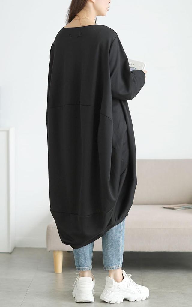 Gold Japan Plus Size Cocoon Long Long Front and Back Winter Black Women's Dress, Sleeves, Oversized, Length, Adjustment, Roomy, Outfit, Autumn/Winter,