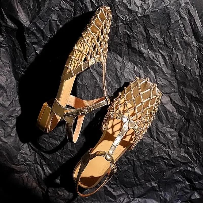 Fashion Women Weave Mesh Sandals Square Toe Low Heels Mules Shoes Open Toe Woman Summer 2025 Trend Dress Chunky Designer Pumps Mujer