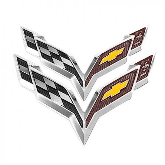 Pair For 2014-19 Corvette C7 Front & Rear Cross Flags Emblem Gloss Chrome Black