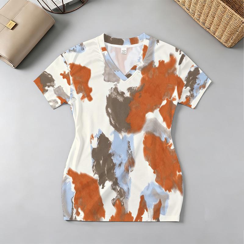 Tie-Dye Hot Girl V-Neck Short Sleeve Slim Fit Soft Dress for Daily Casual Beach Outing