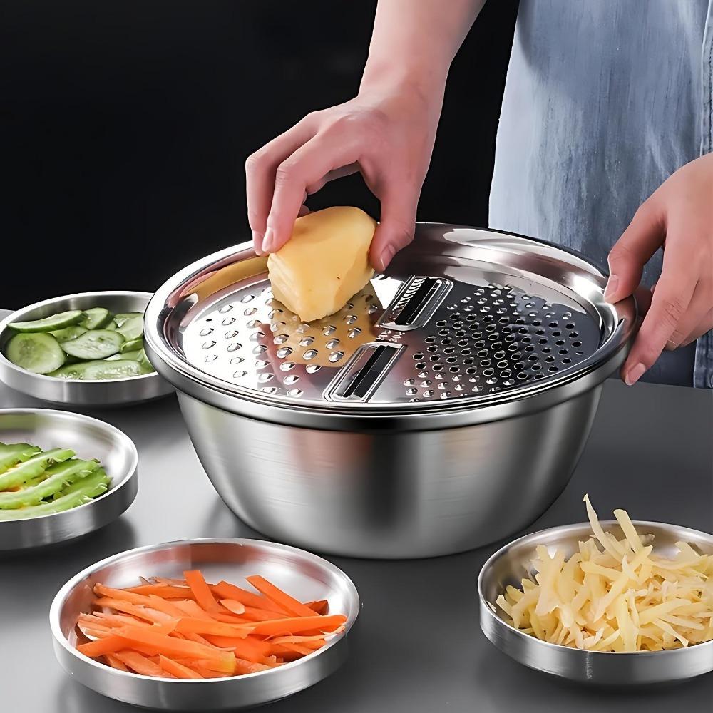 3-Piece Stainless Steel Multifunctional Strainer, and Mixing Bowl for Washing and Slicing Fruits, Vegetables