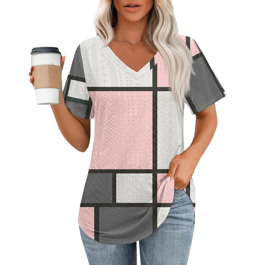 Dámská trička s výstřihem do V, s krátkým rukávem, ležérní topy, volný střih, základní trička se zakulaceným lemem