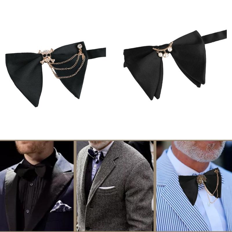Mens Elegant Black Oversized Bowtie with Pearls Chain Adjustable Pre Tied Horn Bows Tie Tuxedo Necktie for Wedding Party