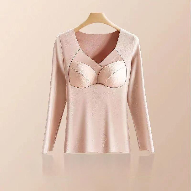 Women's Velvet Underwear with Chest Pad Autumn Winter Base Shirt Long Sleeve Thermal Underwear