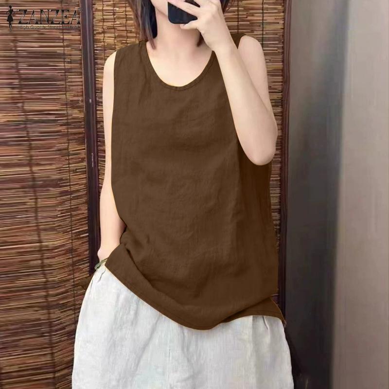 ZANZEA Maiuri casual pentru femei, cu gât rotund, de culoare solidă, fără mâneci