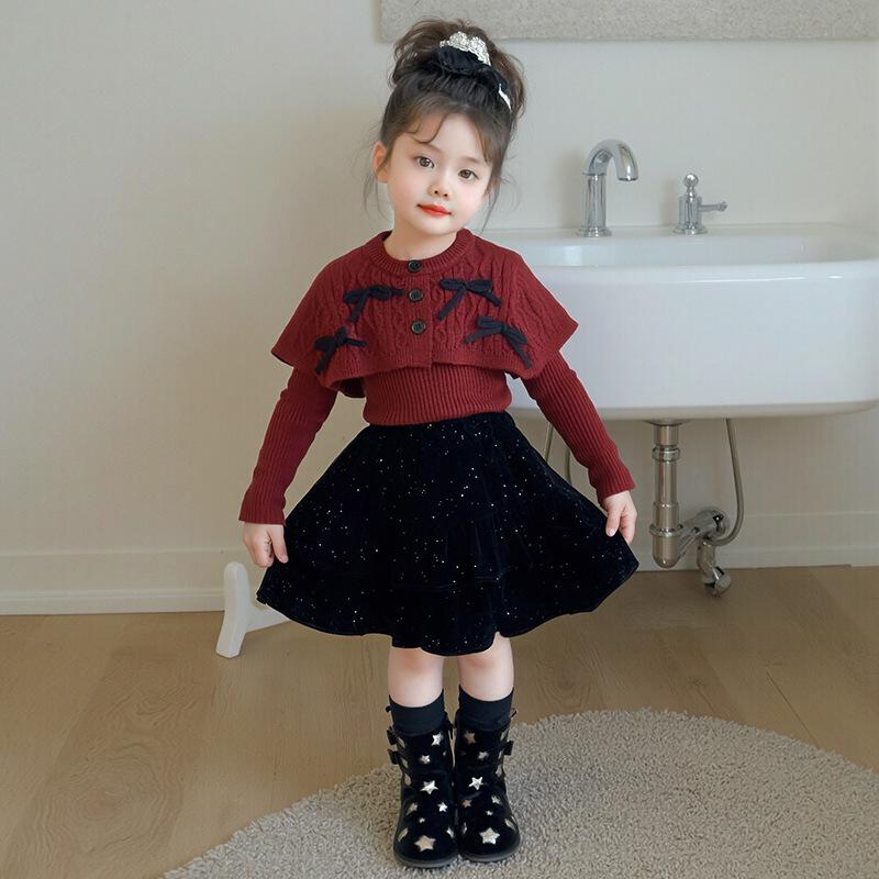Girls' 2025 Autumn/Winter Knitted Cardigan and Velvet Skirt Set with Sweet Bow Cape