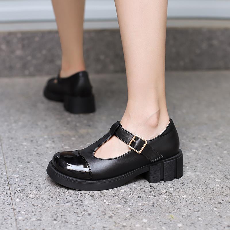 Women Patent PU Leather Two Tone Mary Jane Shoes T Strap Chunky Heels Goth Pumps Kawaii Girls Platform Ladies