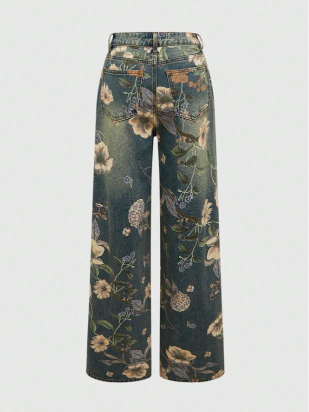 2026 Spring/Summer Women s Retro Printed Wide-Leg Jeans L