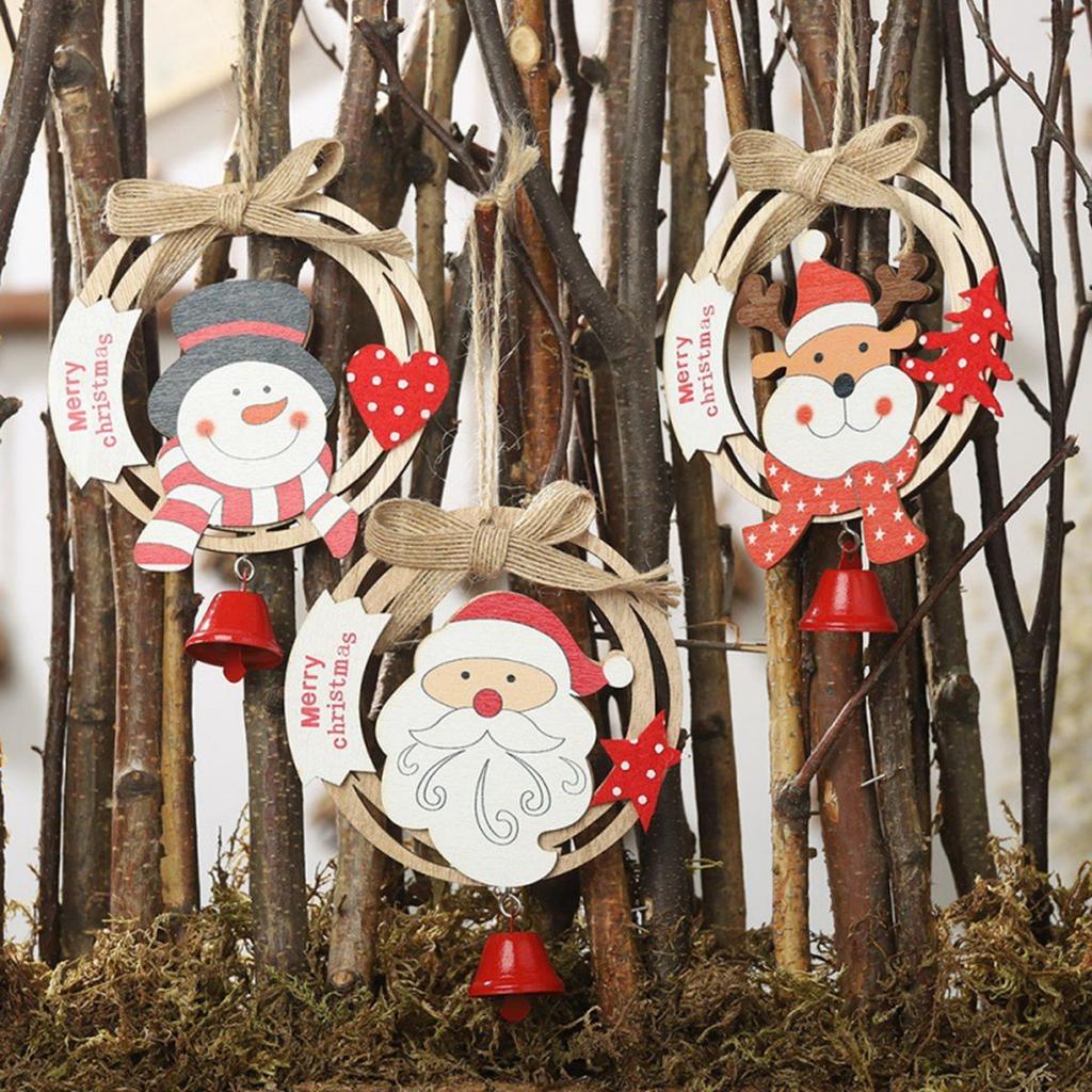 New Year Wooden Hanging Cute Burlap Christmas Tree Ornaments Party Decorations Pendants with Bells