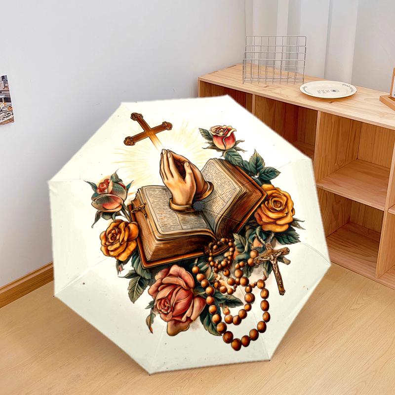 

1 PC Automatic Folding Umbrella - Beautiful cross Pattern, Portable & Foldable Design with 8 Ribs, Christmas Birthday Gifts