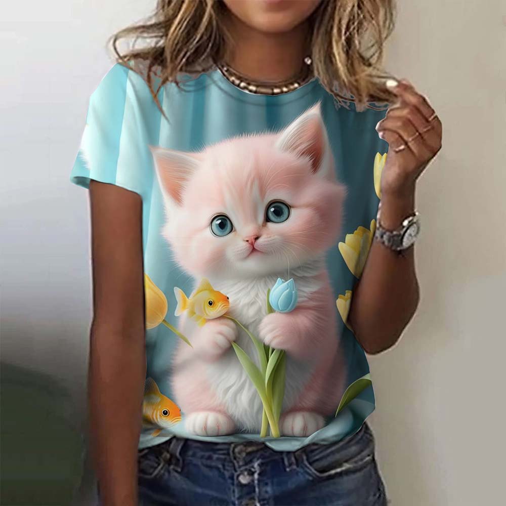 Fashion Cute Cat 3D Print T-Shirts Women O-Neck Short Sleeve T Shirt Casual Kawaii Kitty Tees Harajuku Y2K Tops Female Clothing