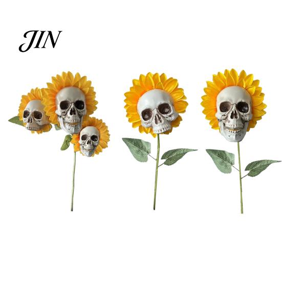 Halloween Lawn Decoration Sunflower Skull Ornament, Theme Garden Decor, Potted Skeleton Flower Pot Plant Waterproof Outdoor Decoration, for Patio Yard