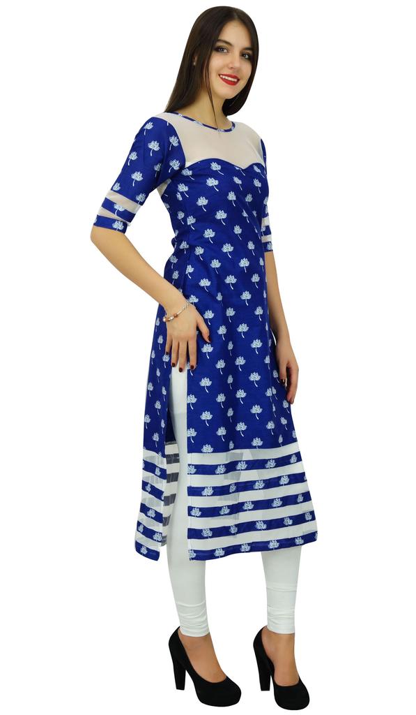 Bimba Womens Designer Blue Cotton Kurta Long Straight Kurti Classic Chic Indian