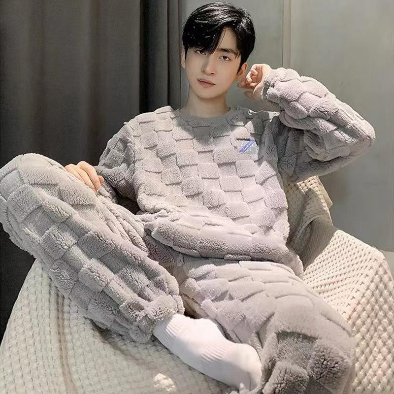 Men's pajamas coral fleece autumn and winter warm home leisure suits can be worn outside plush loungewear men's