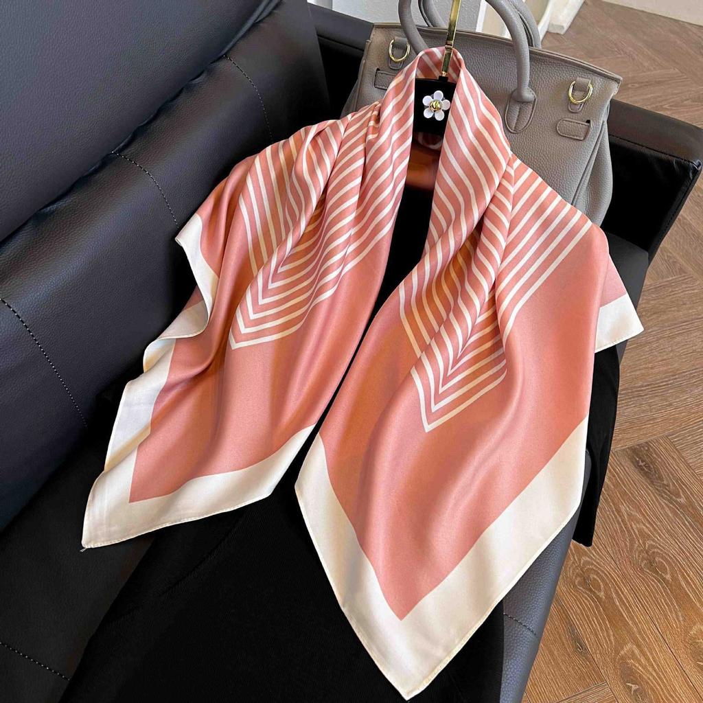 91Cm French Striped Large Square Scarf Women's Spring and Autumn Versatile Small Silk Scarf Stewardess Scarf White Scarf Foreign Style Shawl Women