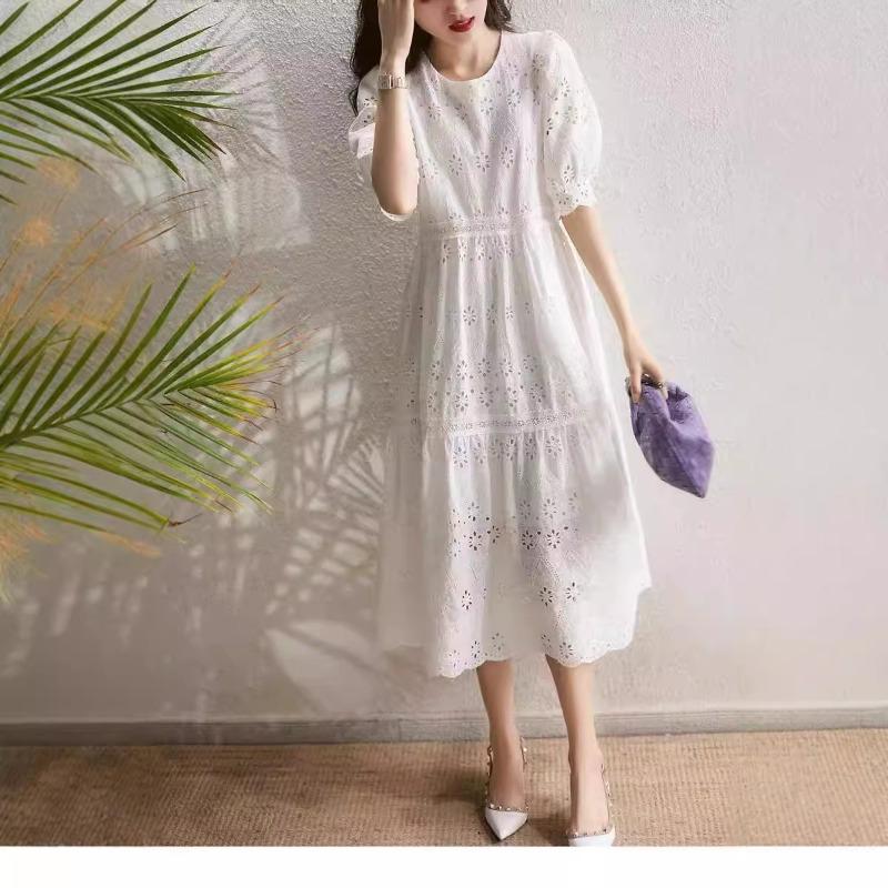 Hollow Embroidered White Skirt Summer New First Love French Sweet Bubble Sleeve Short Sleeve White Cotton Dress