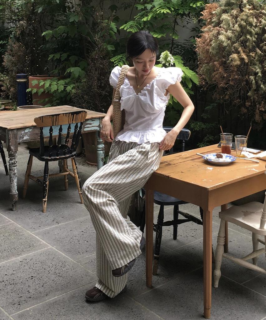 Poeteuseoul Seersucker Stripe Wide Pants_Ivory/Kaki
