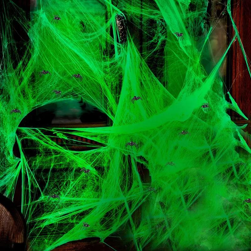 White Stretch Cobwebs Glow Decor Halloween Black Plastic Spiders Spider Web Indoor Creepy Party Supply Dark Glow Essential
