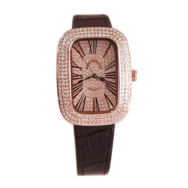 Ladies Full Diamond Fashion Retro Light Luxury Exquisite Versatile Leather Quartz Watch