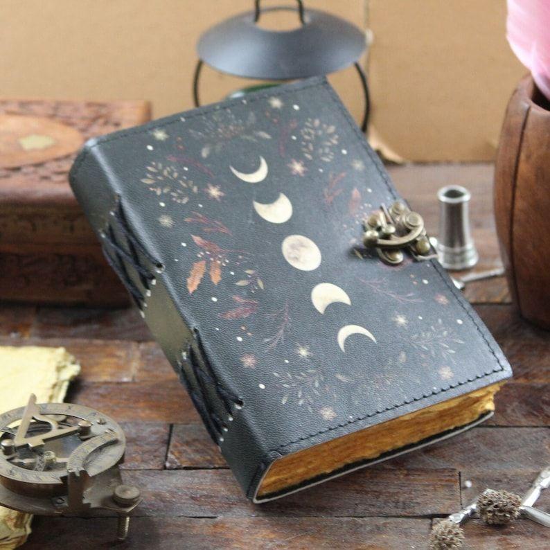 Moon Phase Leather Journal | Wiccan Spell Book of Shadows | Herbal Witch Grimoire | Celestial Notebook | Witchcore Aesthetic | Lunar Journal