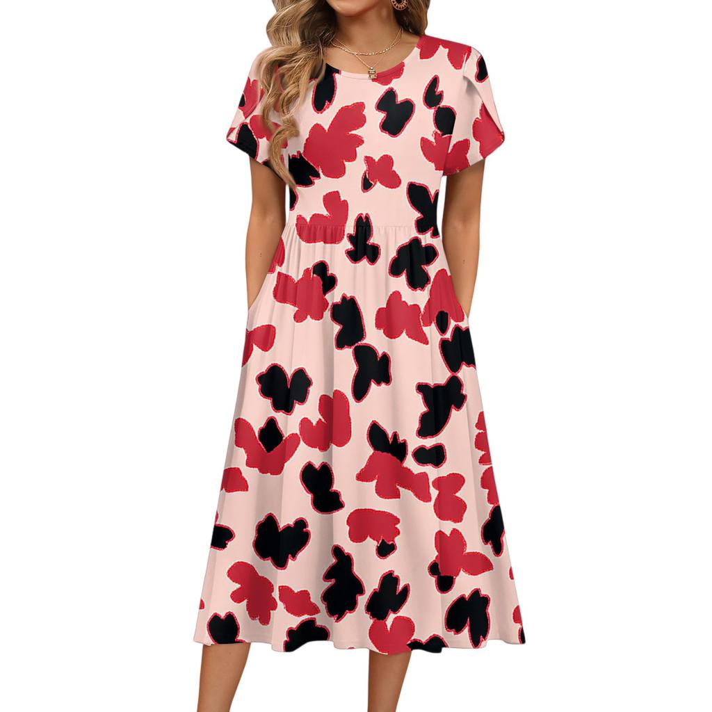 Damenmode Sommer Rundhals Kurzarm Blumendruck Strandkleider