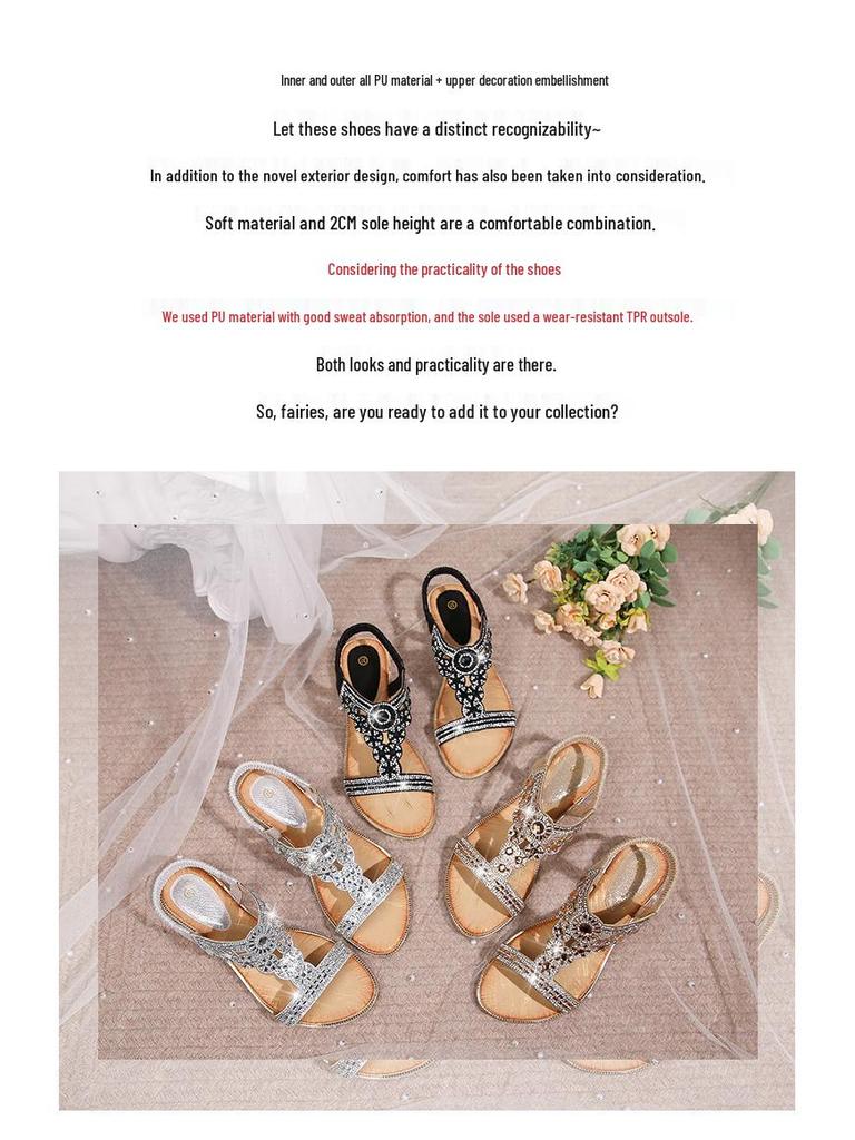 Women's 2025 Spring Rhinestone Bohemian Flat Sandals, Round Toe, Plus Size Available.