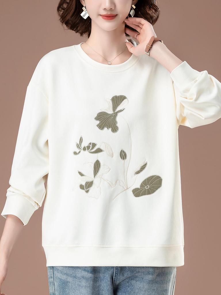 Damen Übergröße Sweatshirt mit Stickerei - Stilvolle lockere Passform für Frühling & Herbst