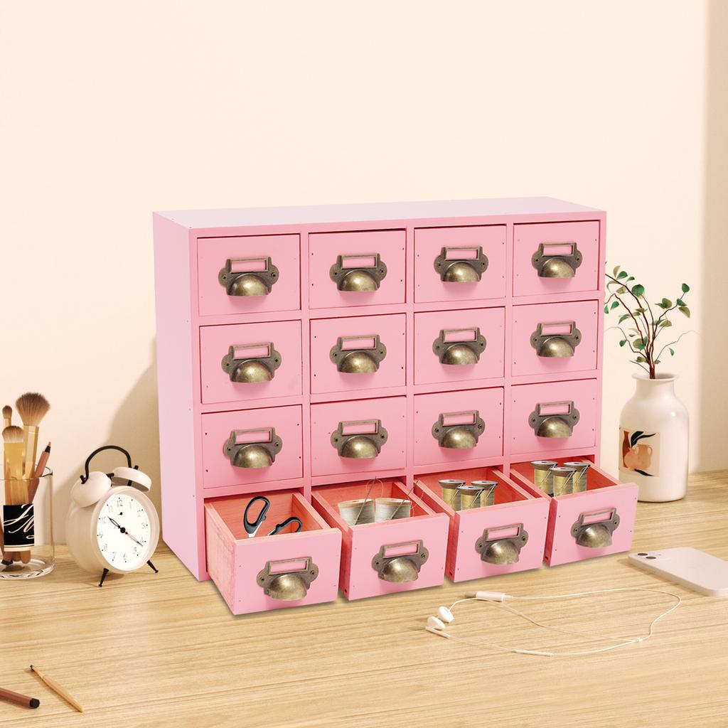 16-Compartment Drawer Storage Cabinet – Vintage Pink Solid Wood Desktop Organizer – 22 lbs Load Capacity