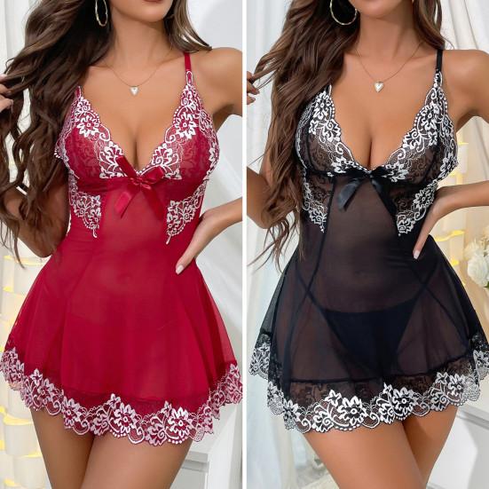 2 ks/sada Ženy Letní noční košile Kalhotky Set Špagety Pásek Bez rukávů Mašlička Krajka Patchwork Dekor Rozdělený lem do V Noční prádlo Dámská noční košile