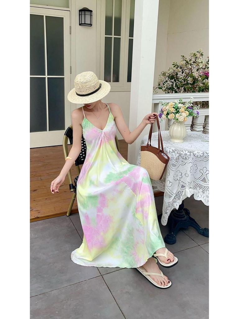 Beach Holiday Rhinestone Tie-Dye Spaghetti Strap V-Neck Dress, Backless Long Style for Women (2026 Collection)