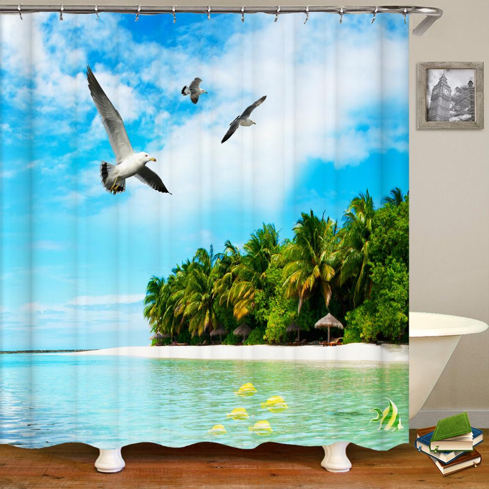 3D Seascape Beach Printed Fabric Shower Curtains Bathroom Curtain Bath Screen Waterproof Products Home Decor With Hooks