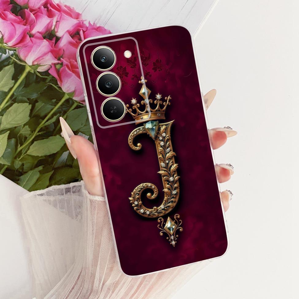 Cover For Realme 14x 5G India Case RMX3940 Transparent Luxury Crown A-Z Letters 2D Flat Pattern Soft Phone Case