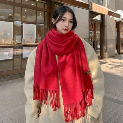 Bufanda de invierno para mujer, bufanda de Cachemira de lujo para otoño e invierno, chal cálido grueso, bufanda esponjosa clásica con borlas, chal suave de Color sólido
