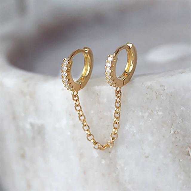 

1 Pc Sale Two Hole Piercing Earrings Women Brilliant Crystalline Gathering Jewelry Zircon Stone 2 Metallic Color Chain Earrings Gathering золотой