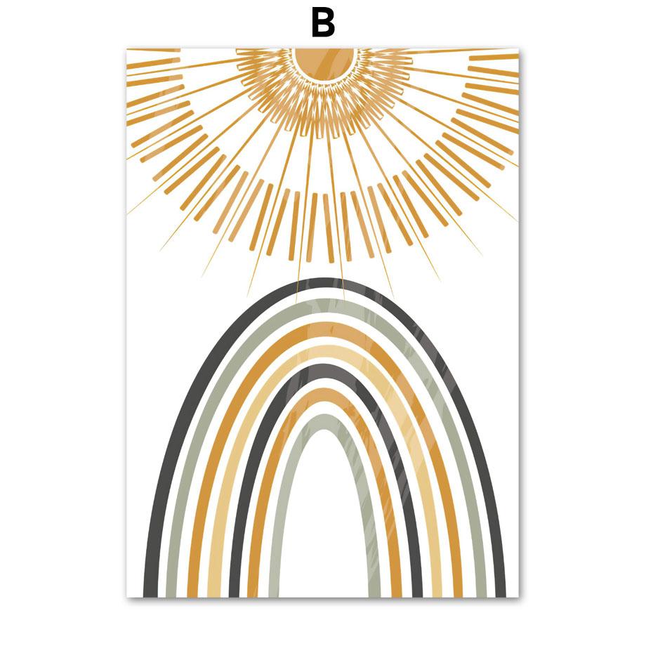 Abstract Boho Sun Rainbow Line Leaf Landscape Wall Art Canvas Painting Posters & Prints Hotel Bar Pictures For Living Room Decor