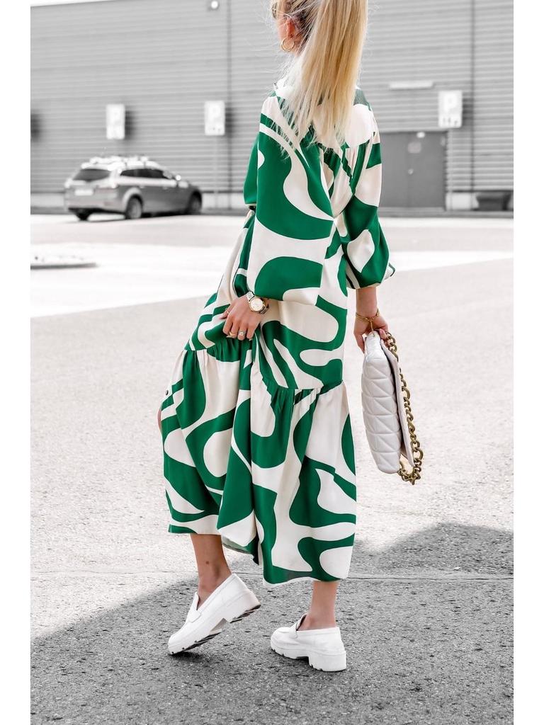 2025 European & American Spring/Autumn Fashion Print Long Shirt Dress with Tie-Up and Pockets
