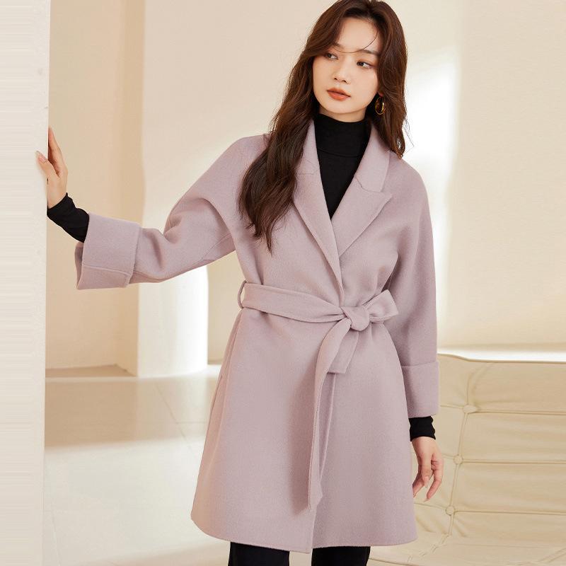 

Женское шерстяное пальто средней длины двустороннее - Свободный, приталенный стиль халата для осени/зимы M (60-70 kg) светло-фиолетовый