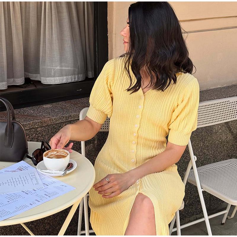 Damen Strickkleider mit Puffärmeln, einreihig geknöpft, lang, frisch, einfarbig, schlankmachend, Sommerneu, eleganter Damenstrickstil