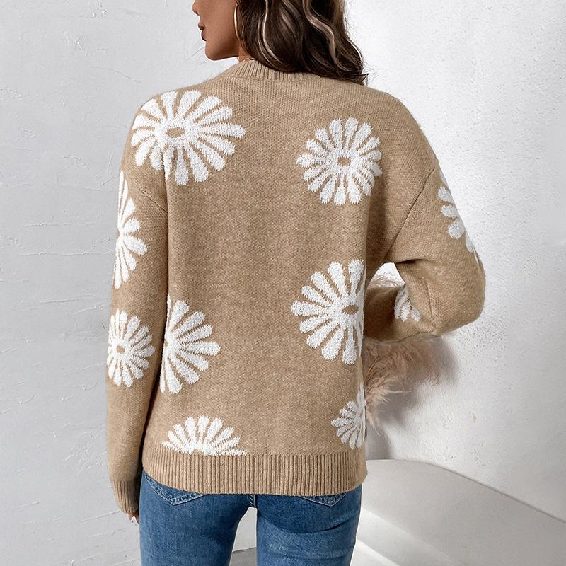 YYFS Damenmode Casual Herbst Winter Blumenmuster Druck Langarm O-Ausschnitt Pullover